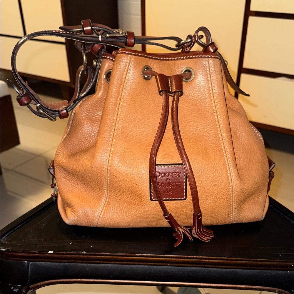 Dooney & Bourke Tan Leather Drawstring Bucket Shoulder Bag